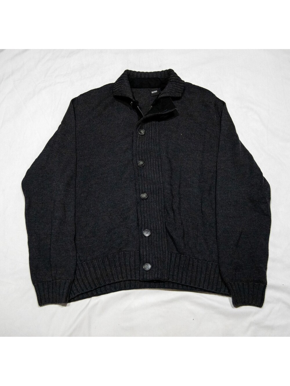 Hugo Boss Ribbed Black Full Button-up / Zip Cardigan Sweater Preppy - Men's L